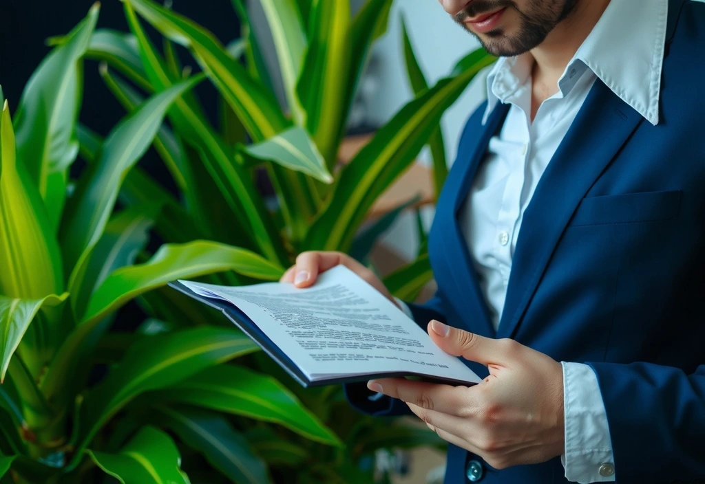 Personne lisant un document légal avec un fond de nature verdoyante symbolisant la santé